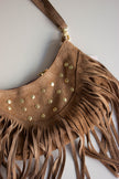 Mala de Pele Castanha com Tachas e Franjas