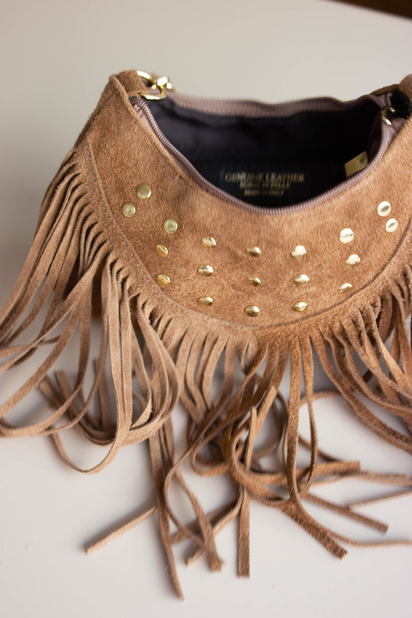 Mala de Pele Castanha com Tachas e Franjas