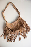 Mala de Pele Castanha com Tachas e Franjas