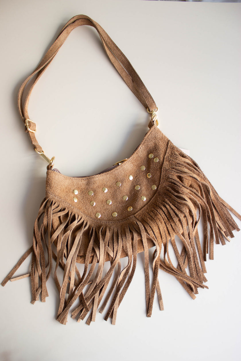 Mala de Pele Castanha com Tachas e Franjas