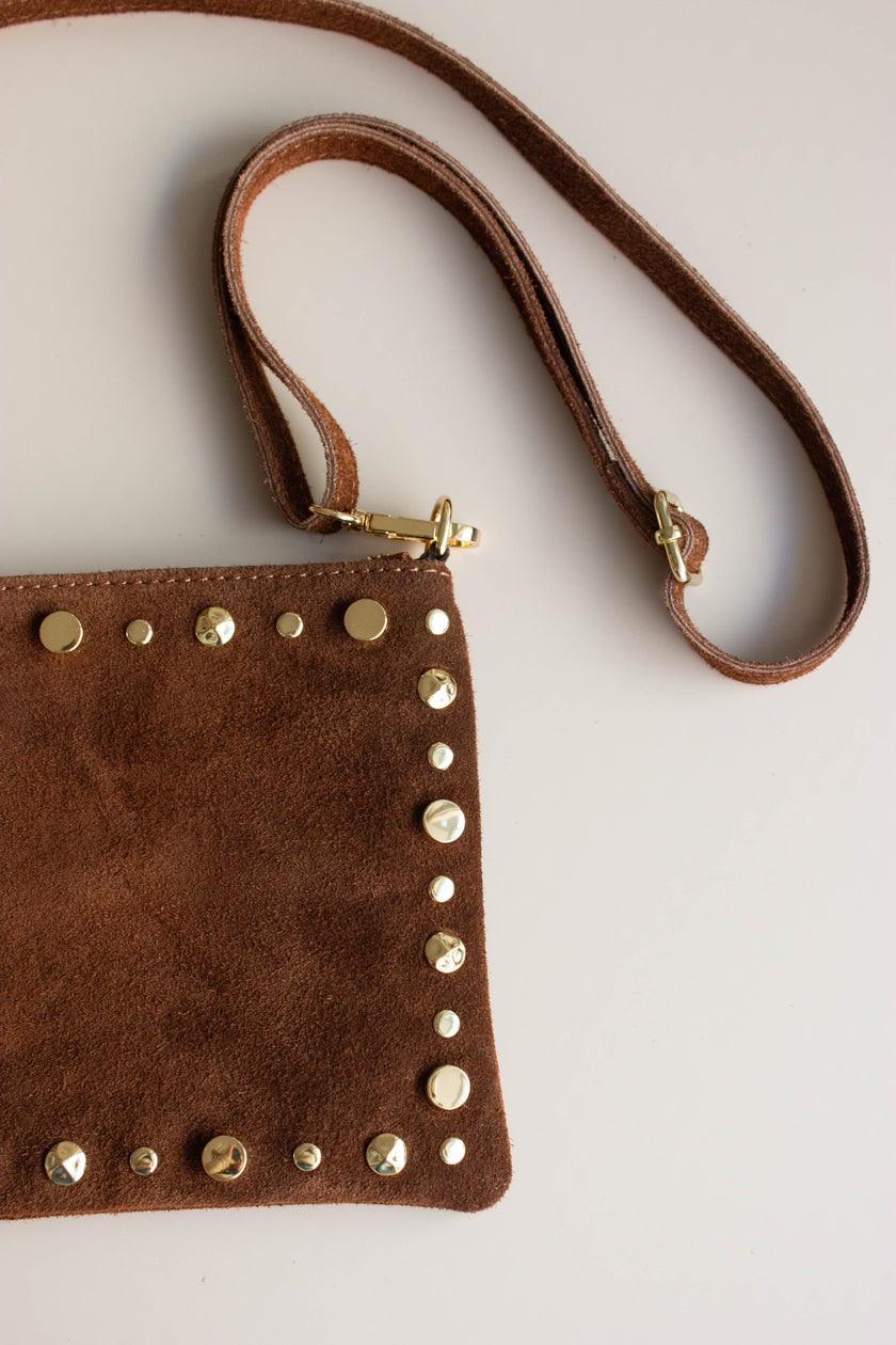 Mala de Pele Pequena Castanha com Tachas