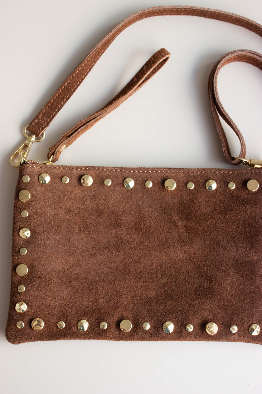 Mala de Pele Pequena Castanha com Tachas