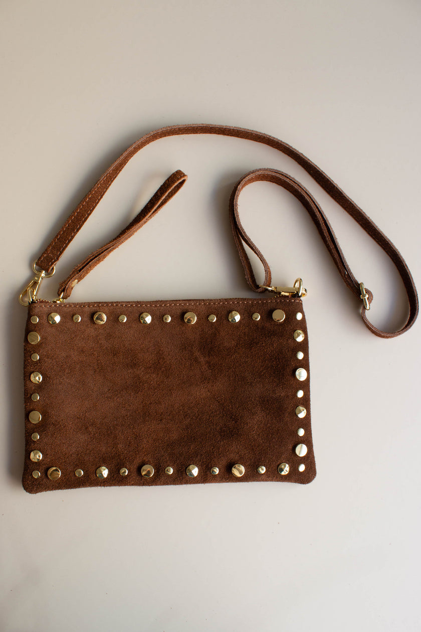 Mala de Pele Pequena Castanha com Tachas