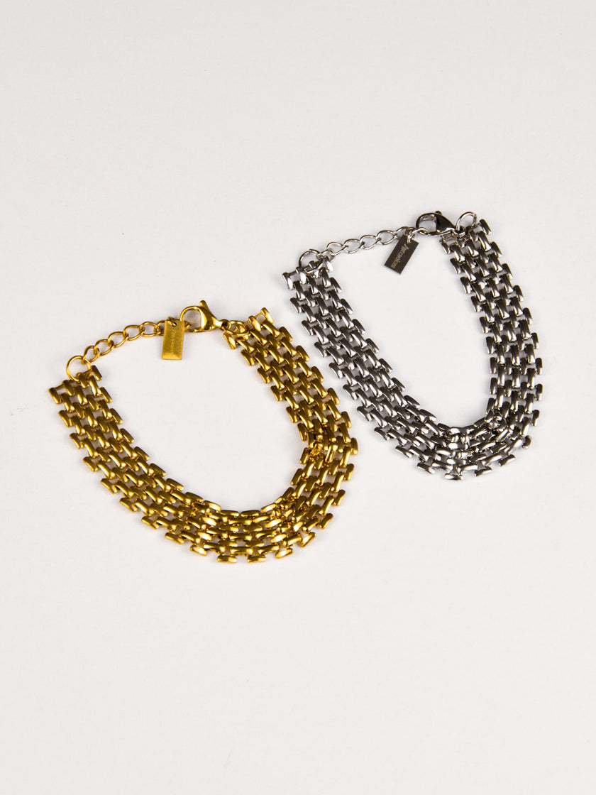 Pulseira em Aço com Malha Achatada Larga Dourada ou Prateada