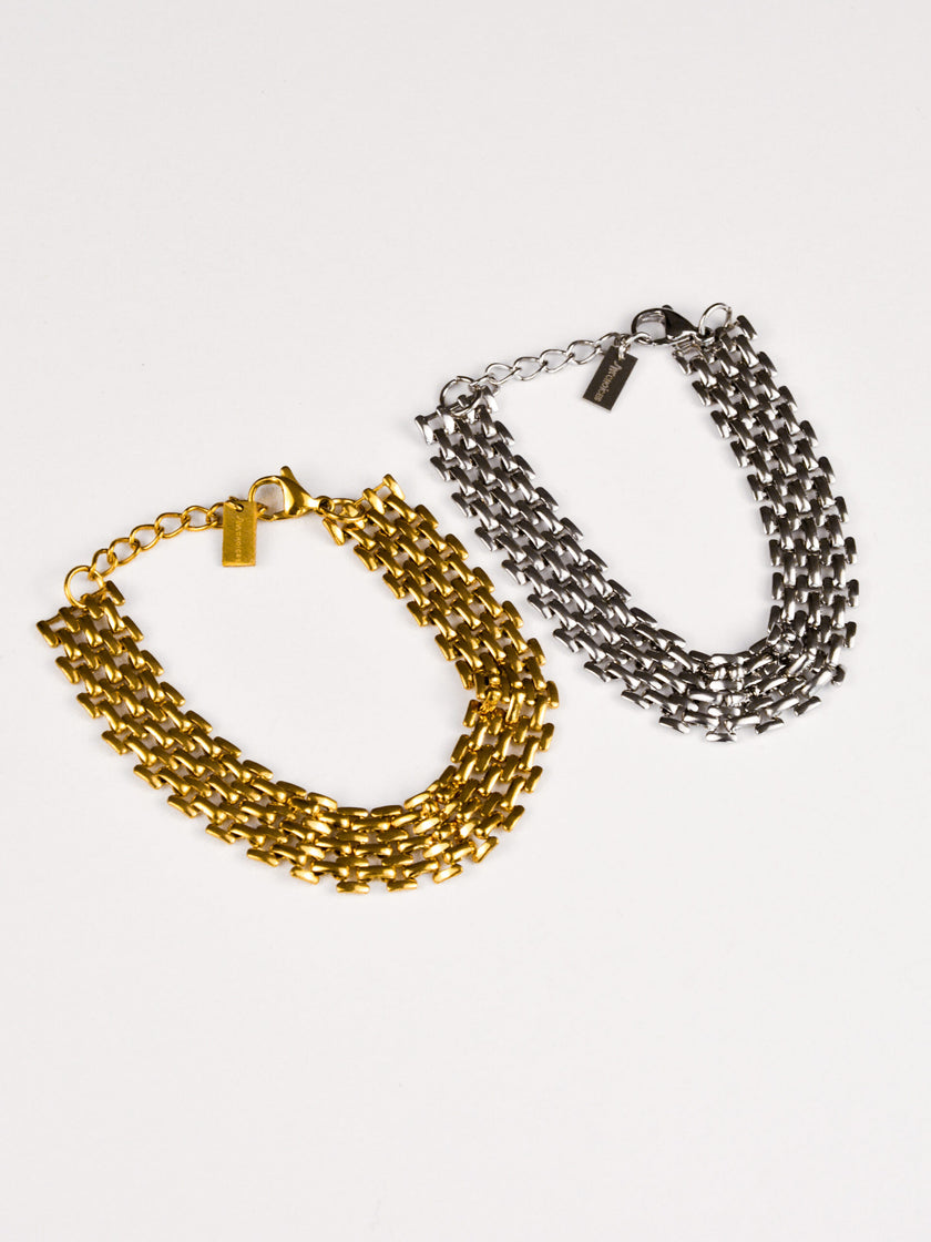 Pulseira em Aço com Malha Achatada Larga Dourada ou Prateada