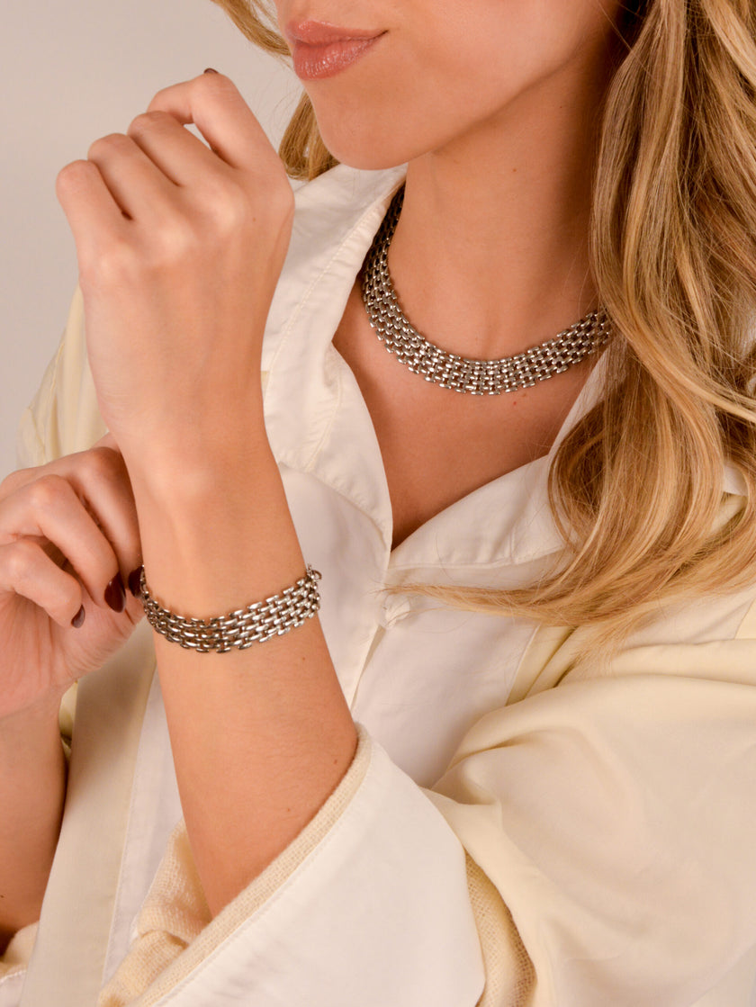 Pulseira em Aço com Malha Achatada Larga Dourada ou Prateada