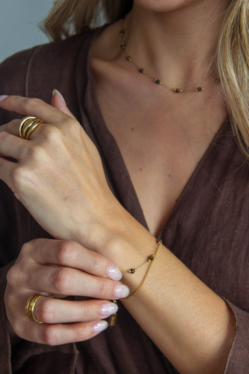 Pulseira Dupla de Pedras Naturais Castanhas Pequeninas