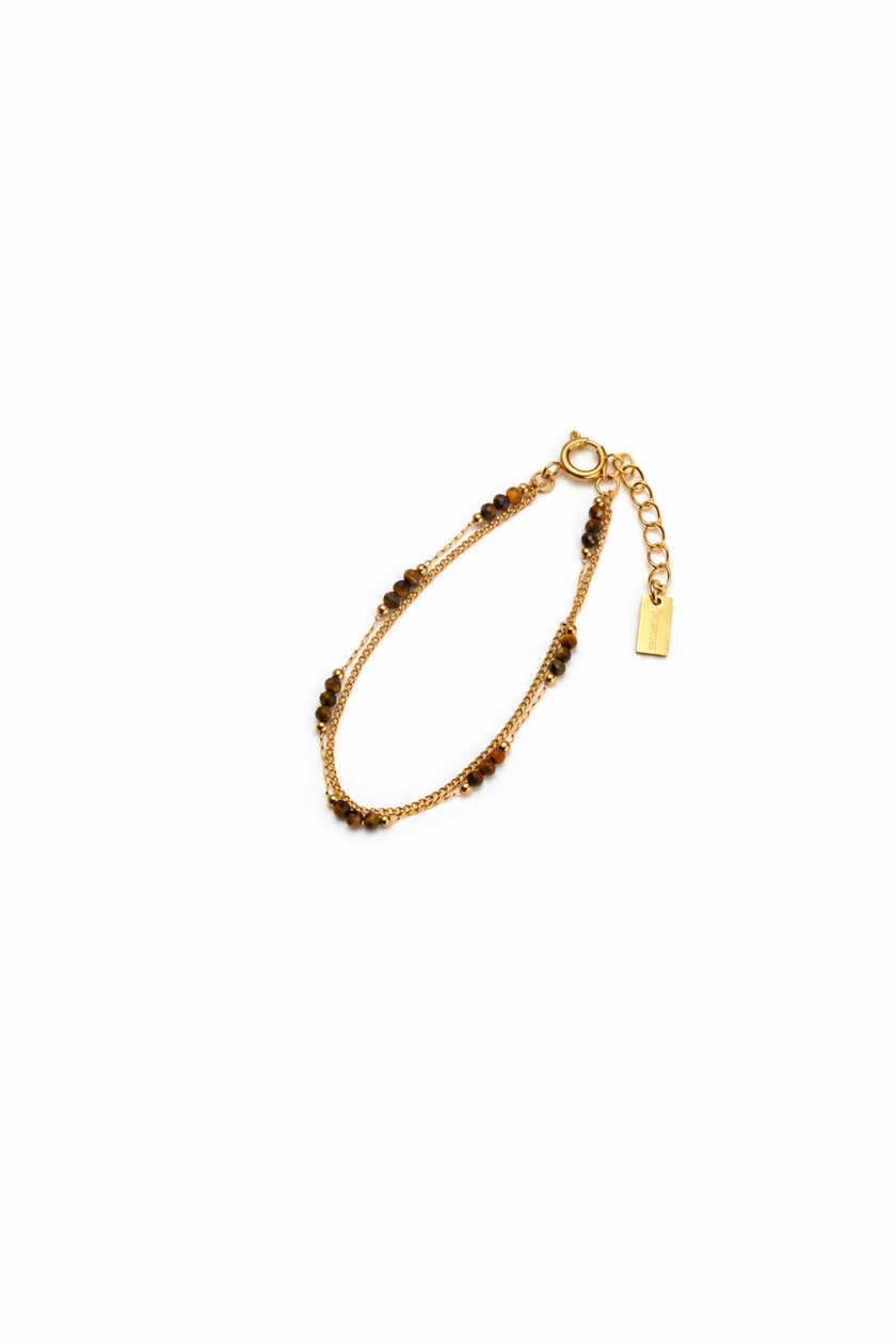 Pulseira Dupla em Aço com Pedrinhas de Olho de Tigre
