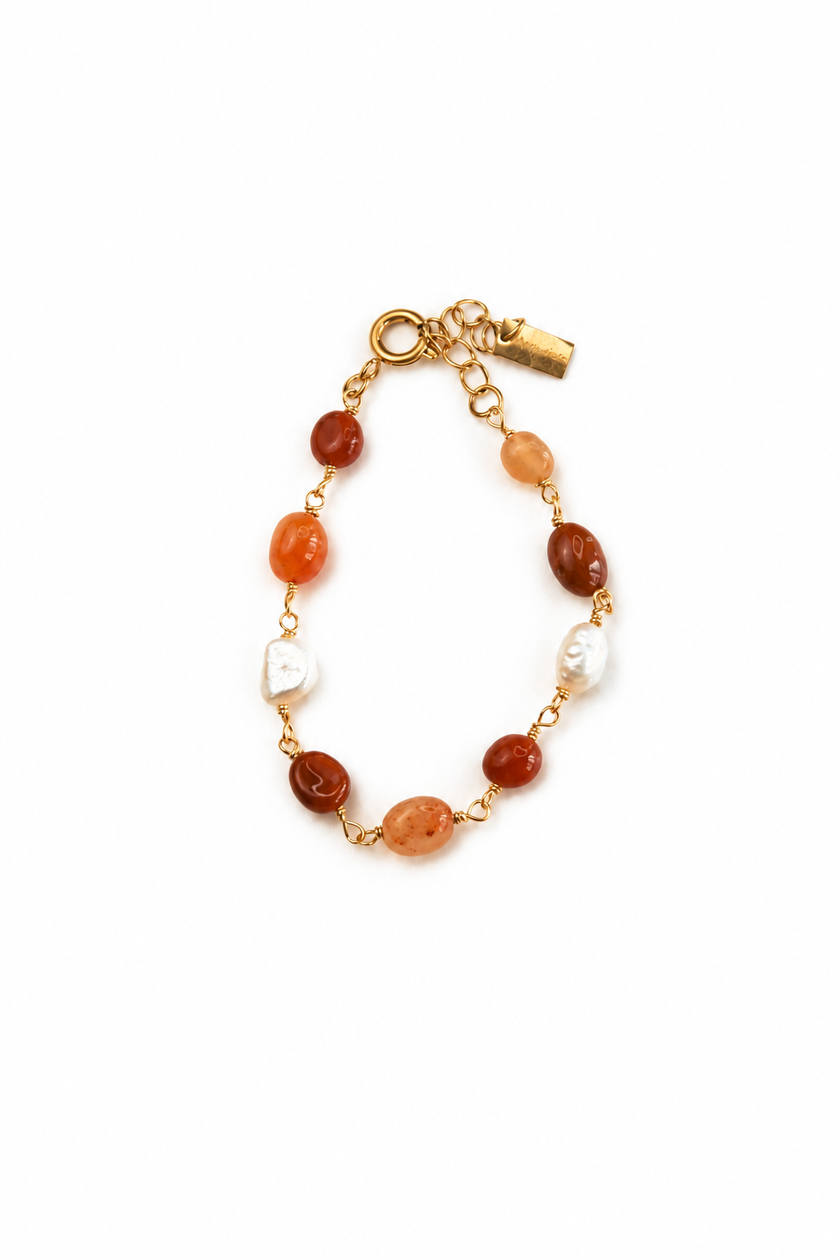 Pulseira em Aço com Pérolas Naturais e Ágata em Tons de Laranja
