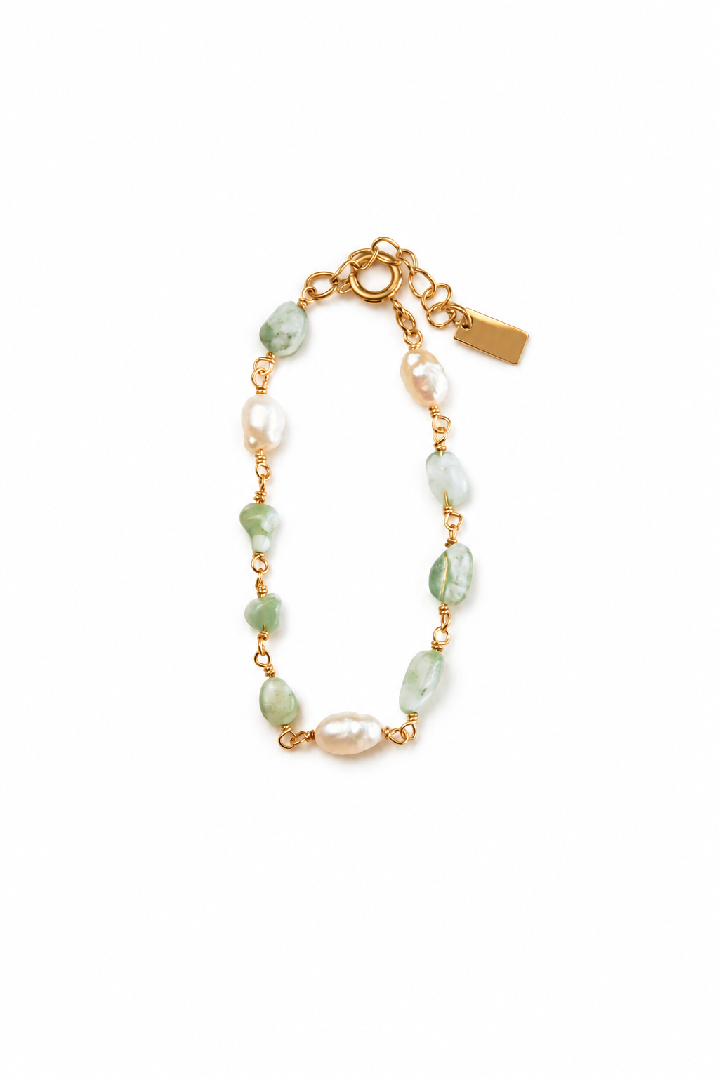 Pulseira em Aço com Pérolas Naturais e Ágata em Tons de Verde