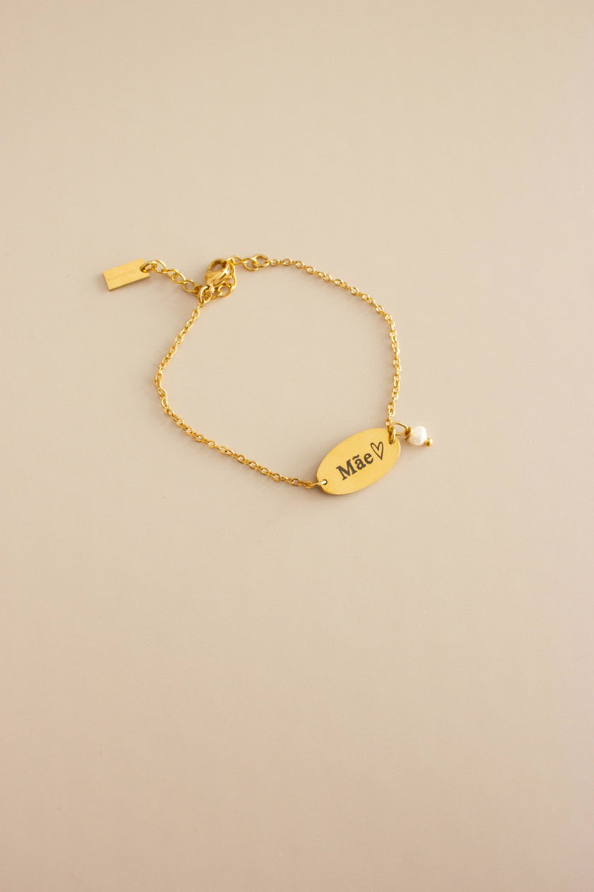 Pulseira em Aço com Gravação Mãe e Pérola Natural em Dourado ou Prateado
