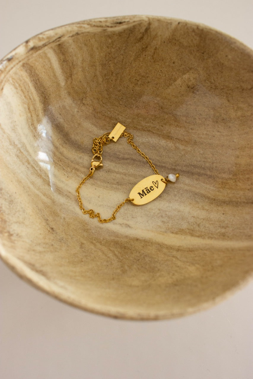 Pulseira em Aço com Gravação Mãe e Pérola Natural em Dourado ou Prateado