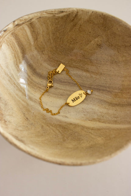 Pulseira em Aço com Gravação Mãe e Pérola Natural em Dourado ou Prateado