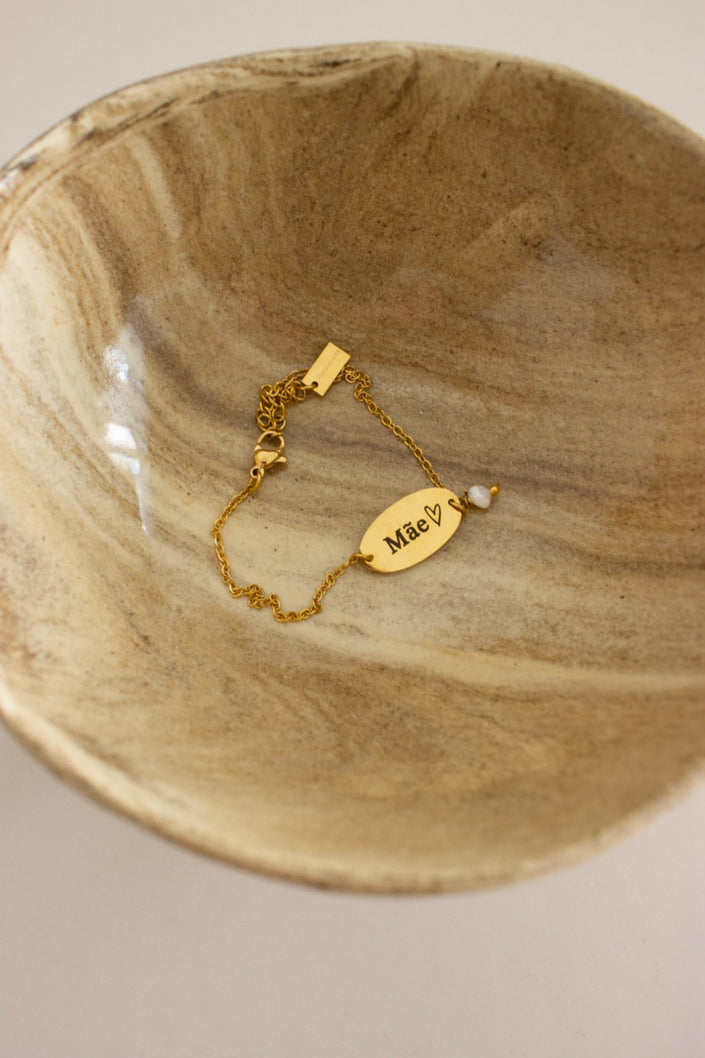 Pulseira em Aço com Gravação Mãe e Pérola Natural em Dourado ou Prateado