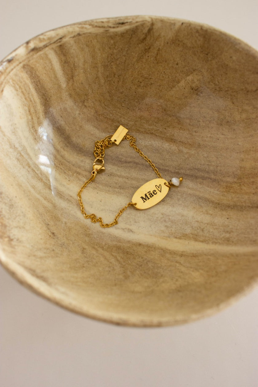 Pulseira em Aço com Gravação Mãe e Pérola Natural em Dourado ou Prateado