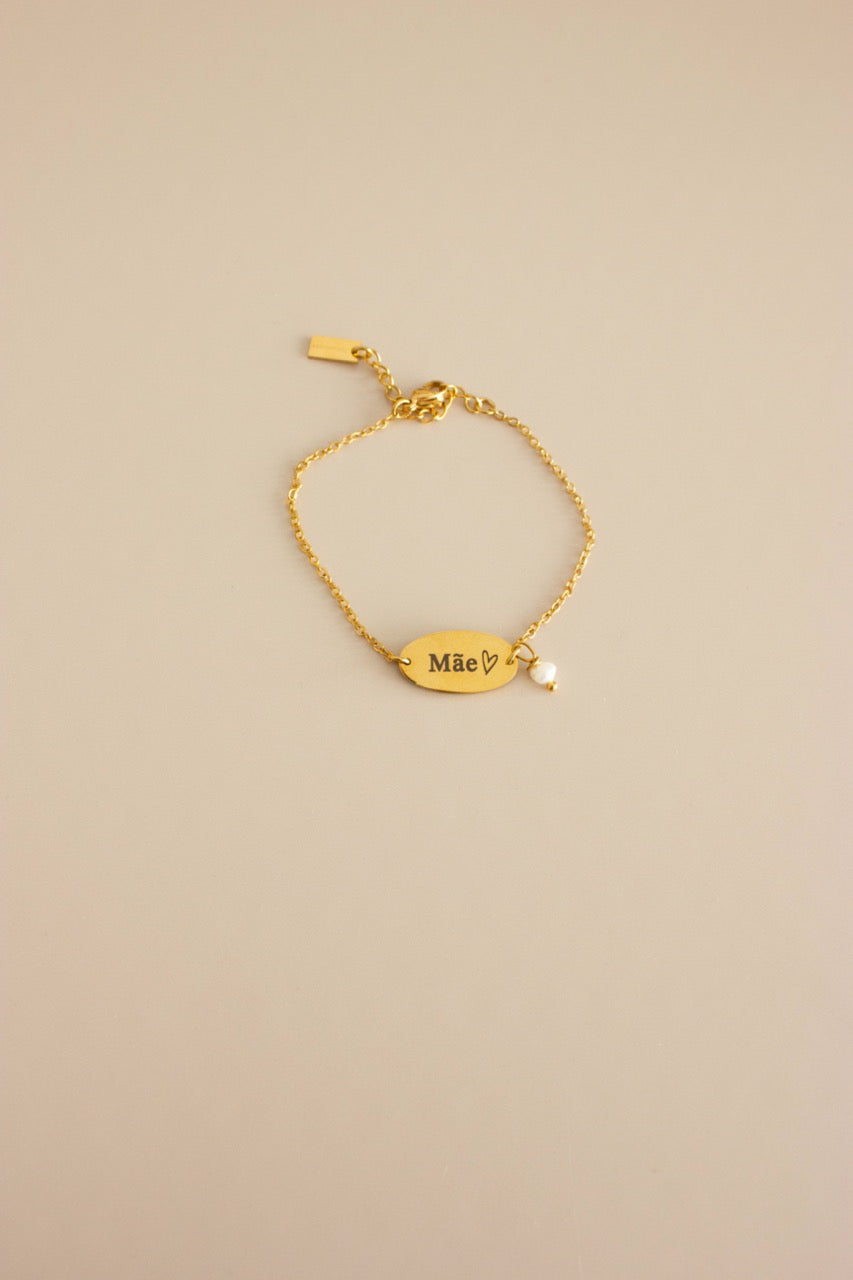 Pulseira em Aço com Gravação Mãe e Pérola Natural em Dourado ou Prateado