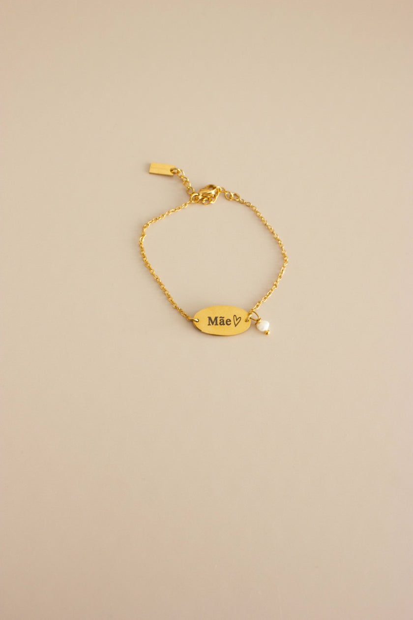 Pulseira em Aço com Gravação Mãe e Pérola Natural em Dourado ou Prateado