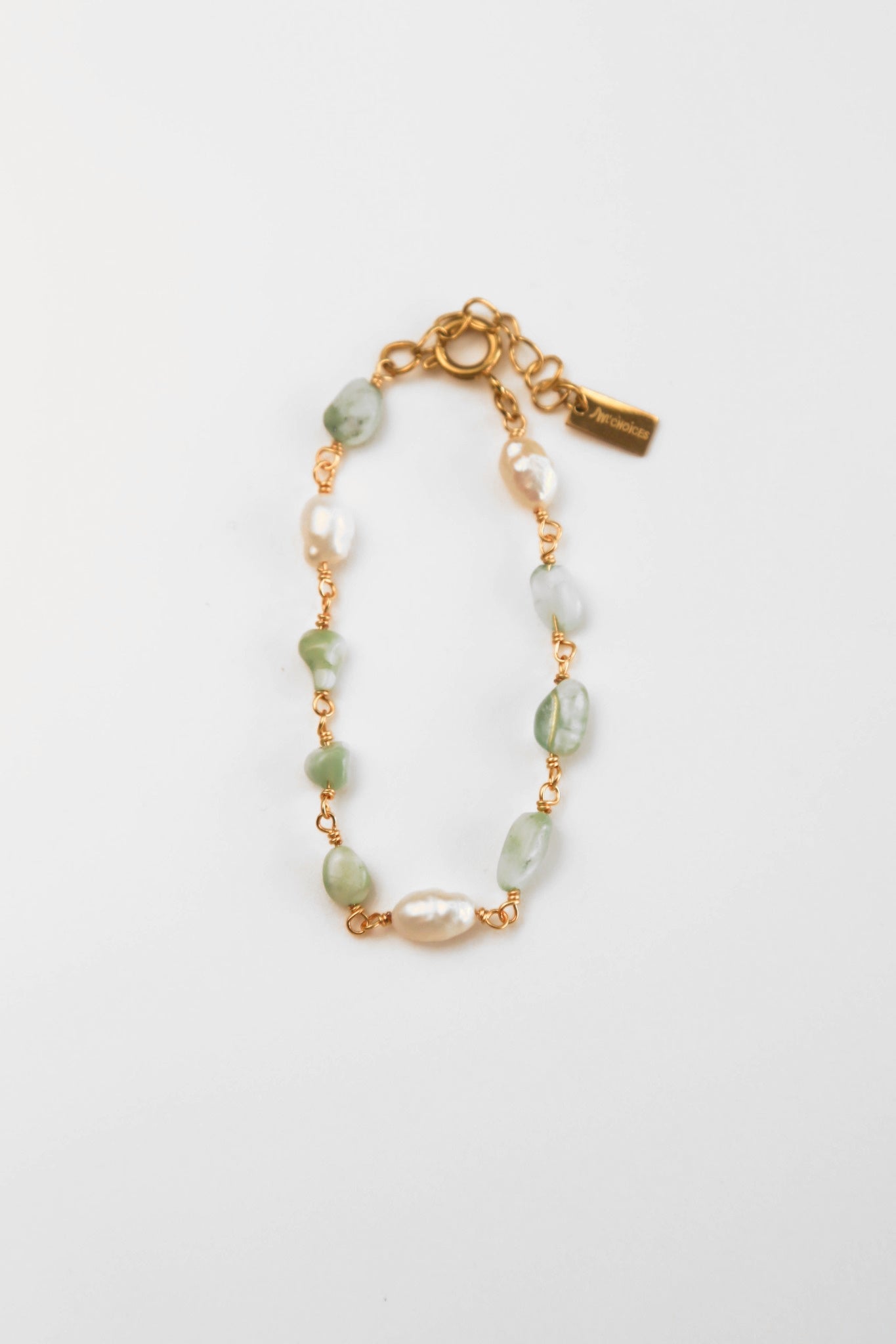 Pulseira em Aço com Pérolas Naturais e Ágata em Tons de Verde