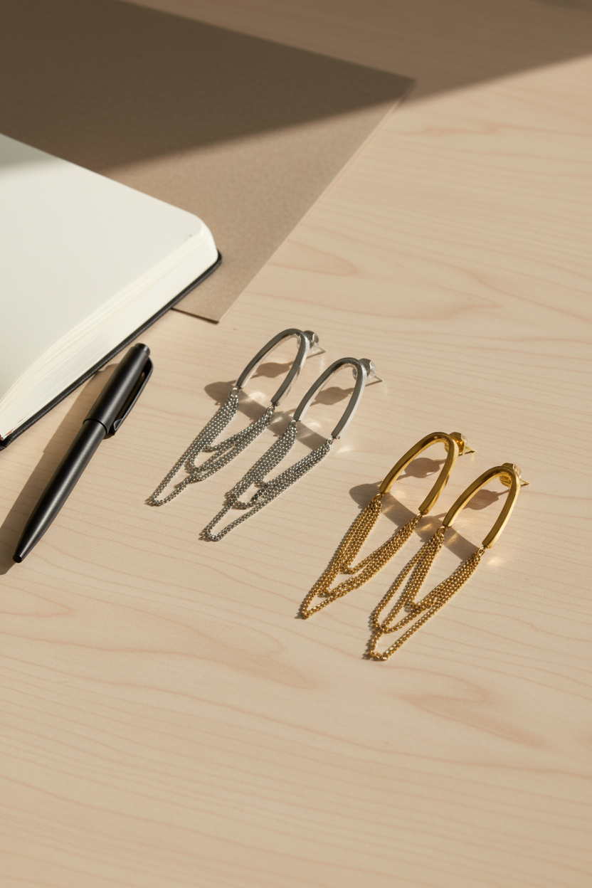 Brincos compridos com malha dourados e prateados - secretária