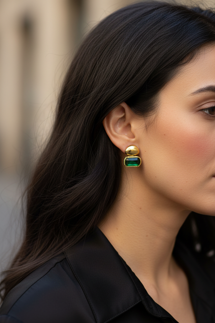 Brincos dourados com pedra verde horizontal - modelo morena