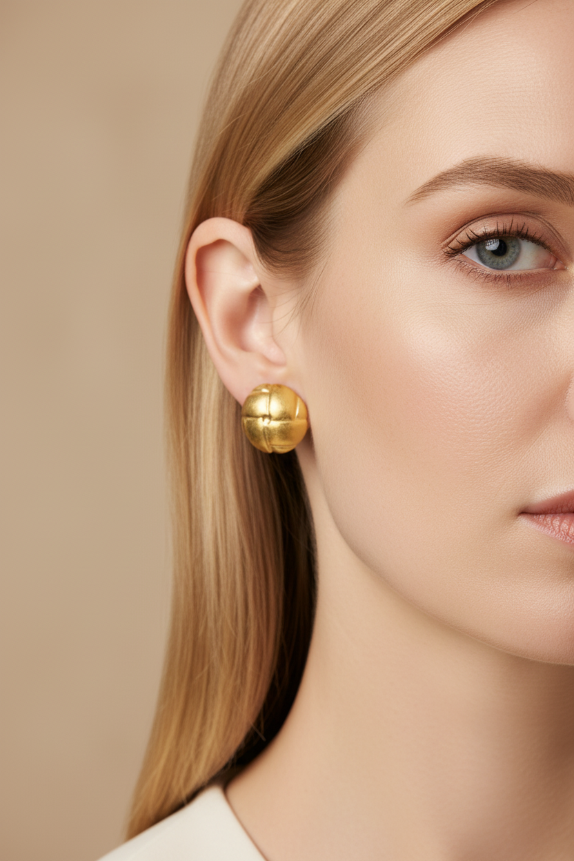 Brincos redondos dourados texturizados - close-up UGC