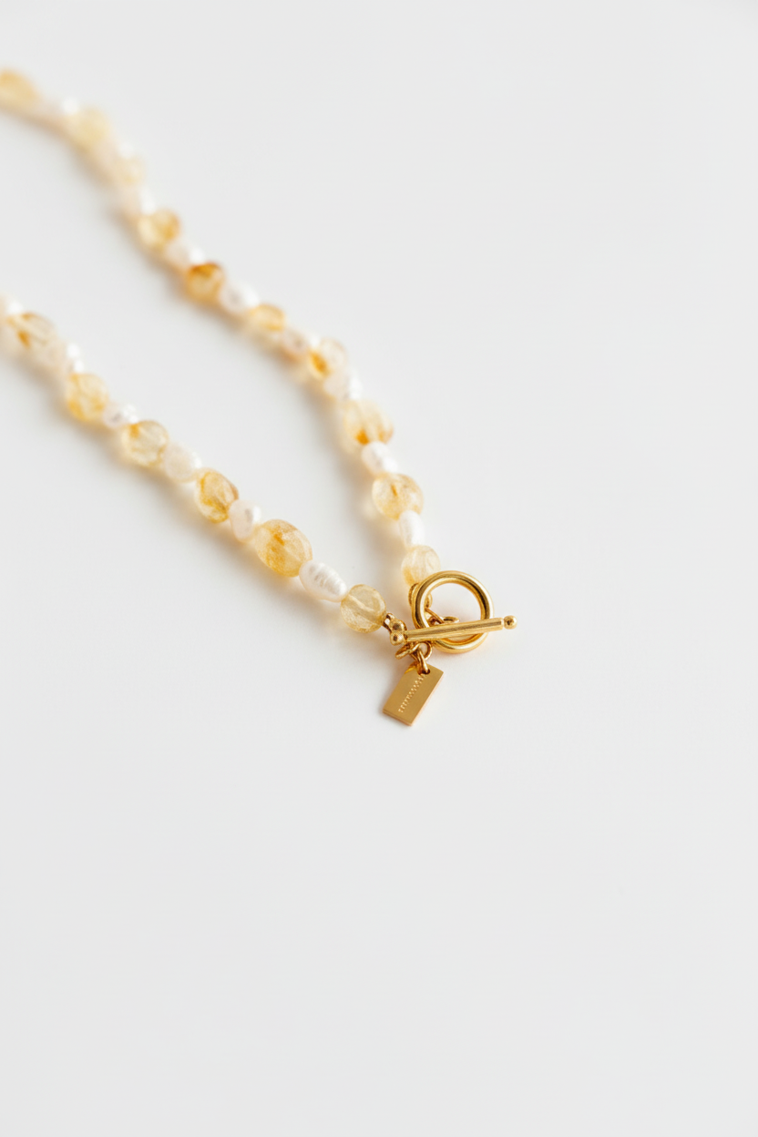 Colar Pérolas e Ágata Amarela v2