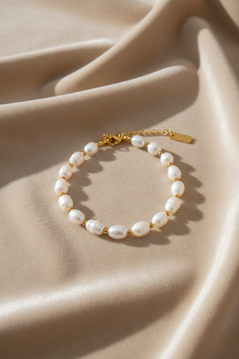 Pulseira dourada com pérolas - chapa retangular