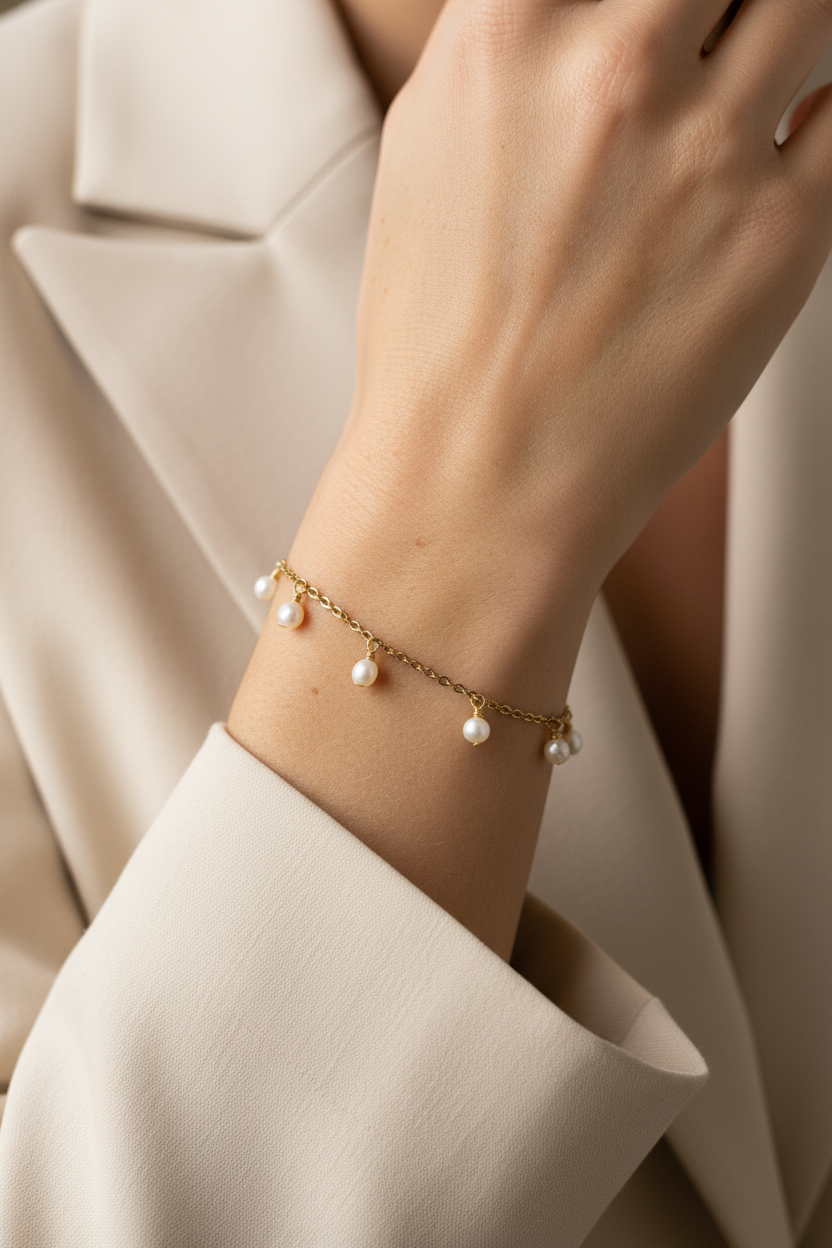 Pulseira dourada com pérolas - mão natural com imperfeições