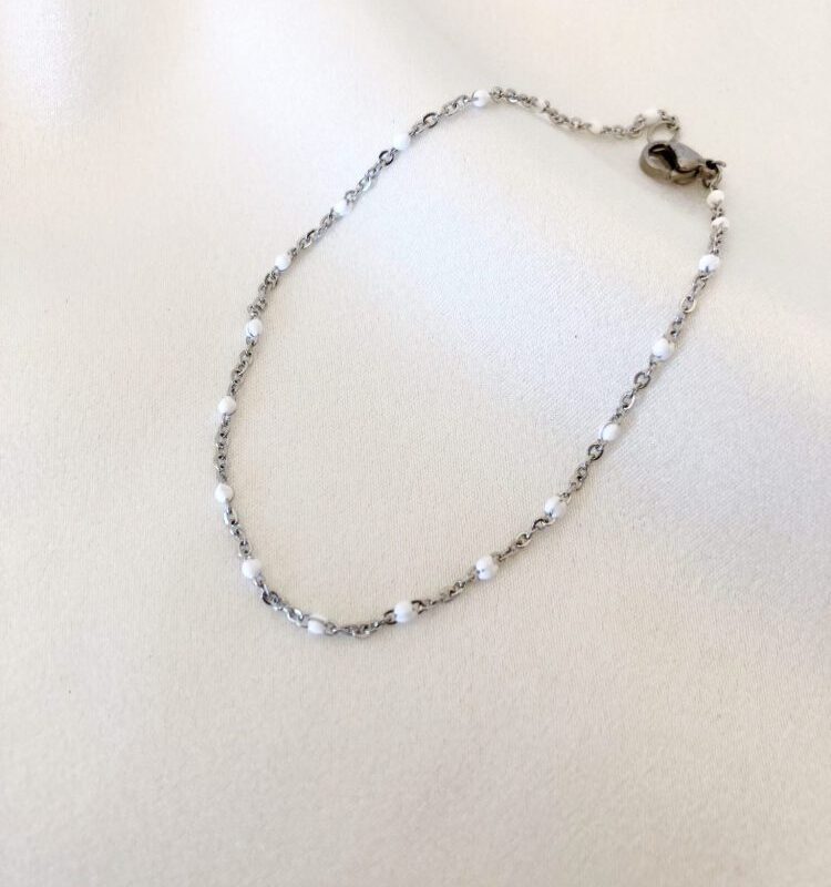 Pulseira em Aço Prateada para o Pé ou Pulso com Bolinhas Brancas