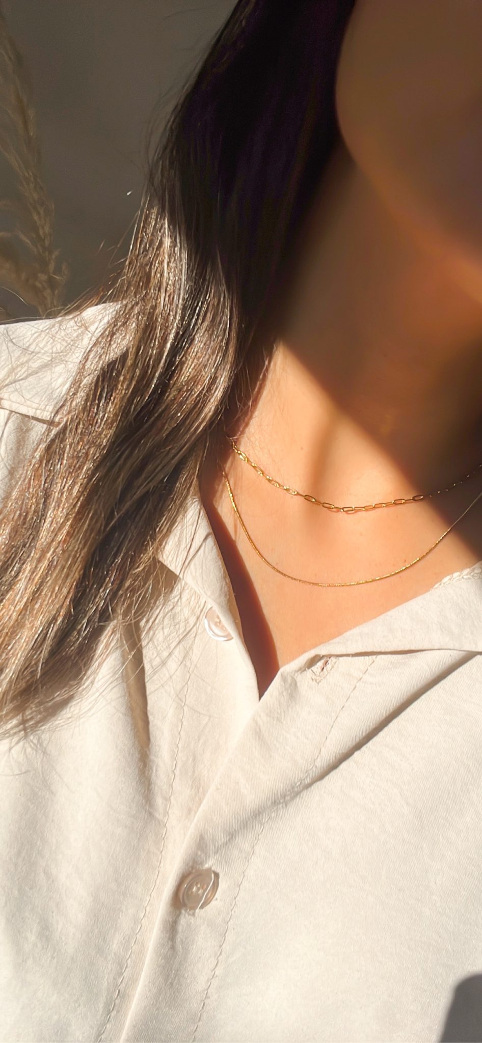 Colar em Aço Dourado Duplo com Malha Lisa e Rectangular Pequenina