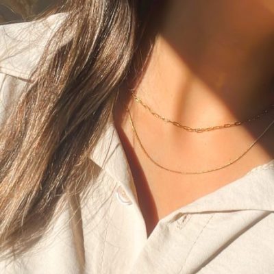 Colar em Aço Dourado Duplo com Malha Lisa e Rectangular Pequenina