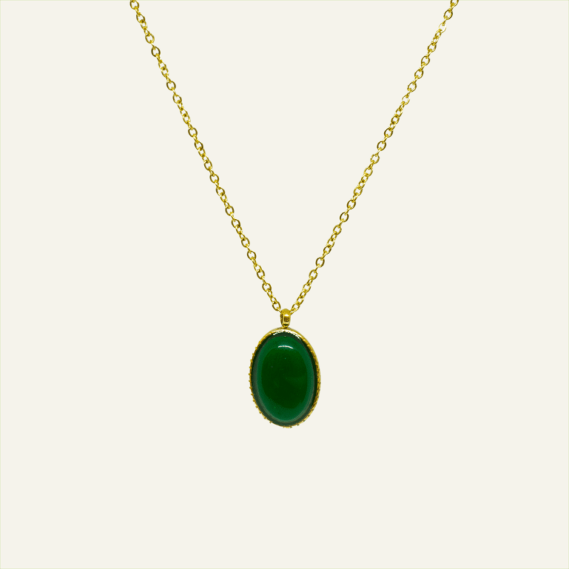 Colar em Aço Dourado com Pedra Oval Verde