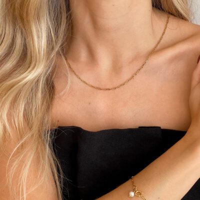 Conjunto em Aço Colar e Pulseira com Malha Rectangular Pequenina