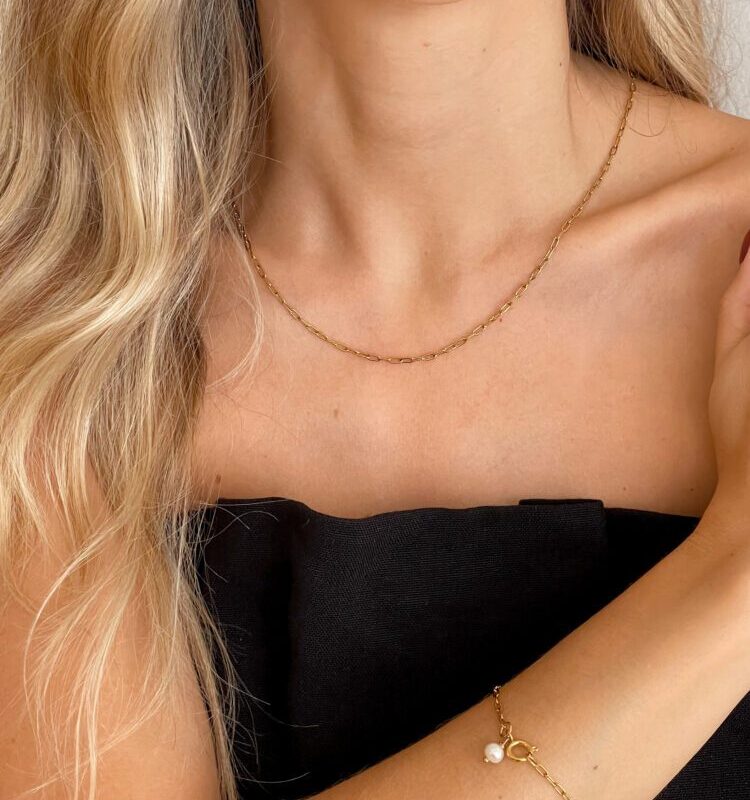 Conjunto em Aço Colar e Pulseira com Malha Rectangular Pequenina